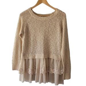 Double Zero Boucle Ivory Layered Look Sweater with Lace Trim Size Small